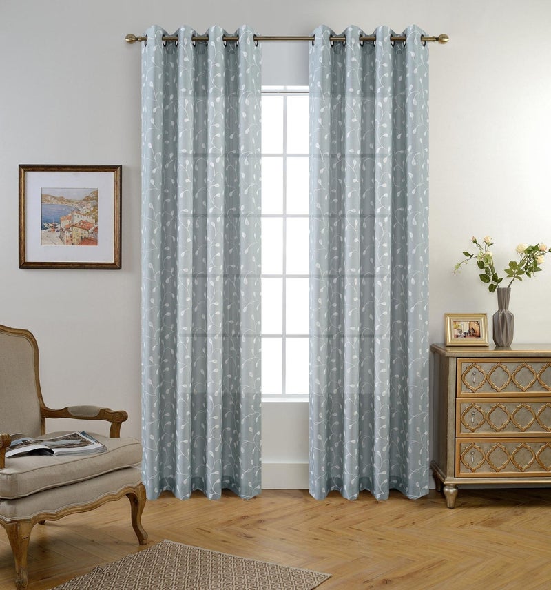MIUCO Floral Embroidery Semi Sheer Curtains Faux Linen Grommet Curtains for Living Room 52 x 84 Inch 2 Panels Set, Sea Foam - Image 3